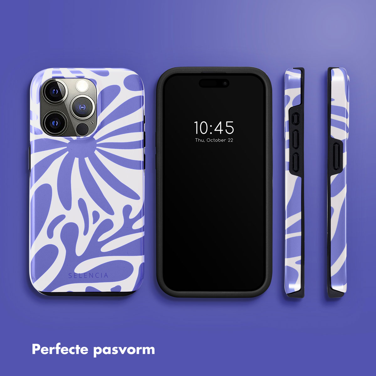 Coque de téléphone avec design bleu et blanc. Téléphone au milieu avec l'heure. Le côté est bleu et blanc.