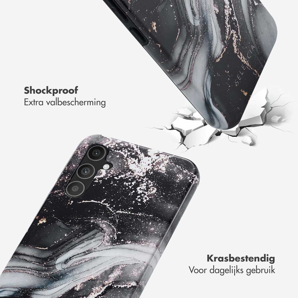Custodia per telefono con design a effetto marmo, con due custodie che si separano, mostrando la resistenza agli urti.