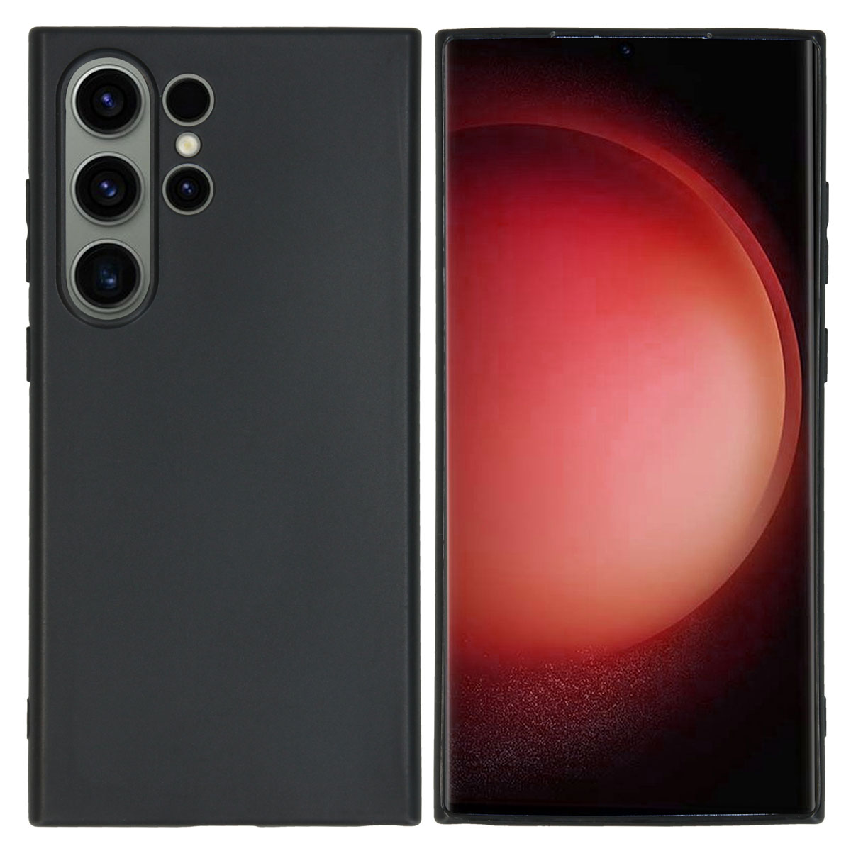 Twee telefoons. Eén in een zwarte hoes, de andere met een rood scherm. De telefoons staan naast elkaar.