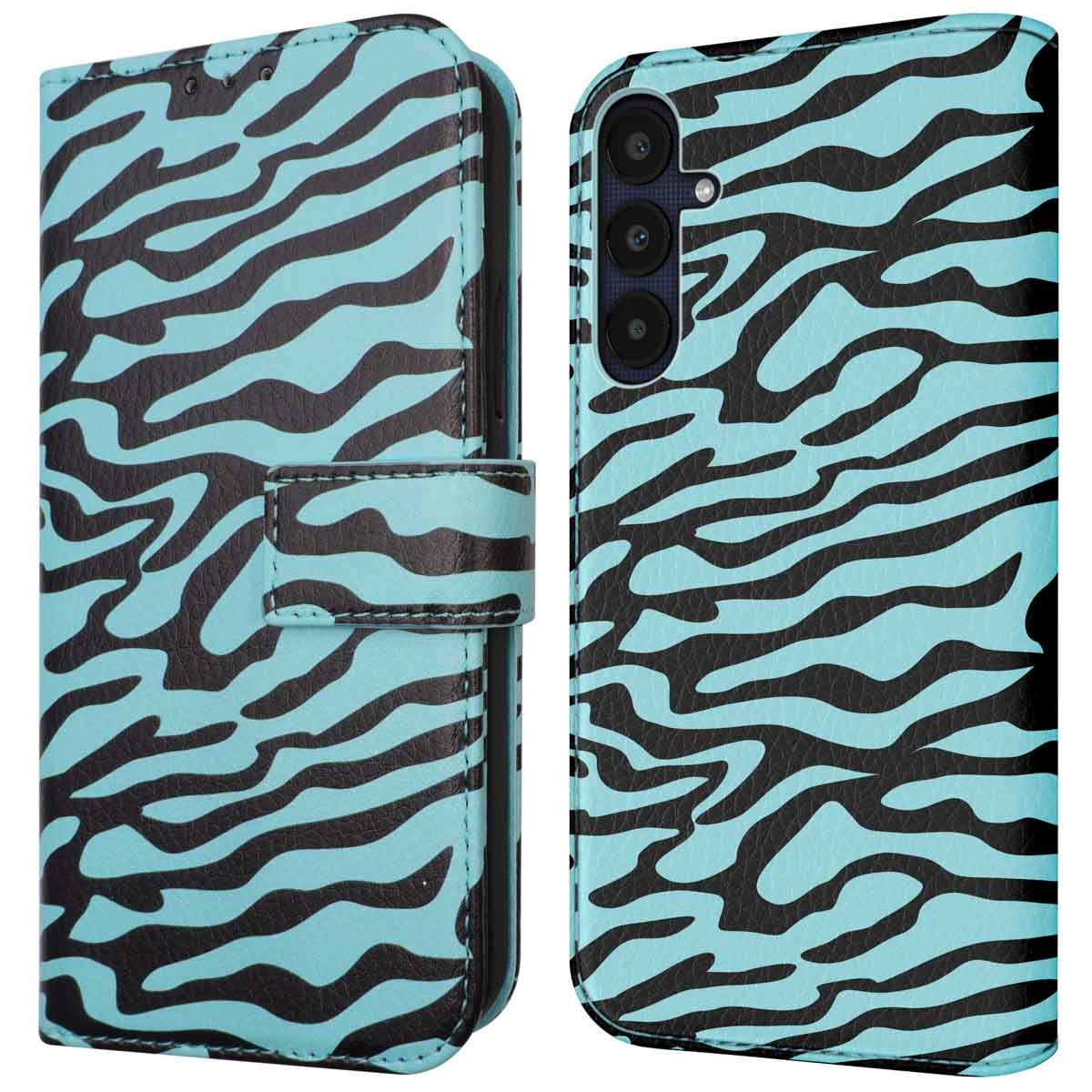 Blauwe telefoonhoes met zwarte zebra strepen. De hoes is open en toont het binnen- en buitendesign.