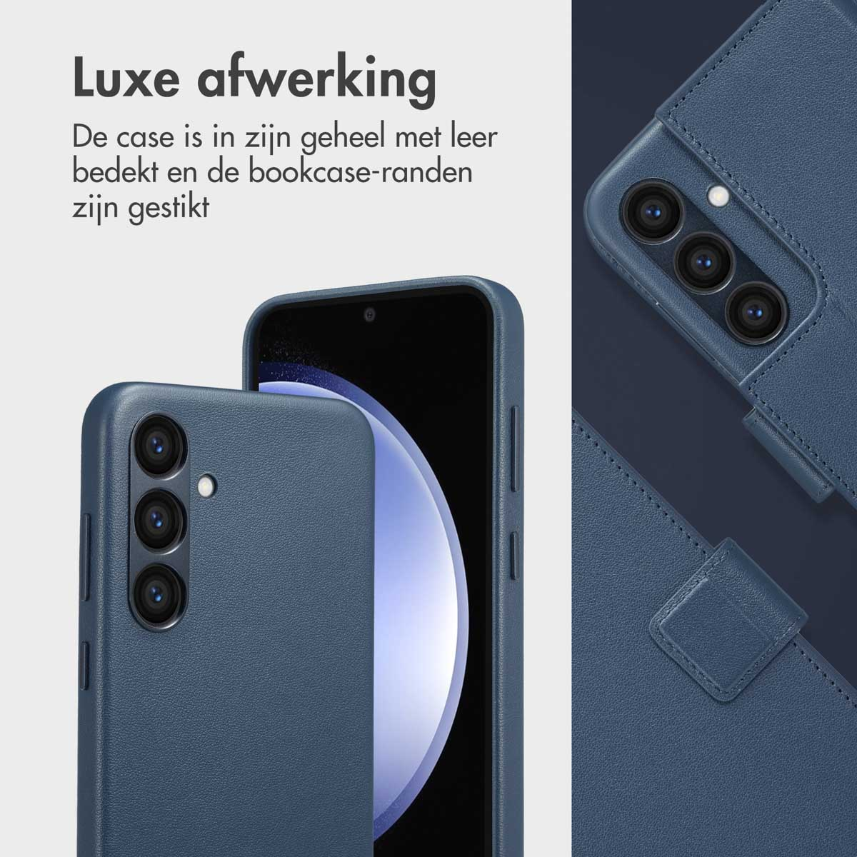 Blauwe leren telefoonhoes met een blauwe telefoon erin. De hoes heeft een gestikte rand.