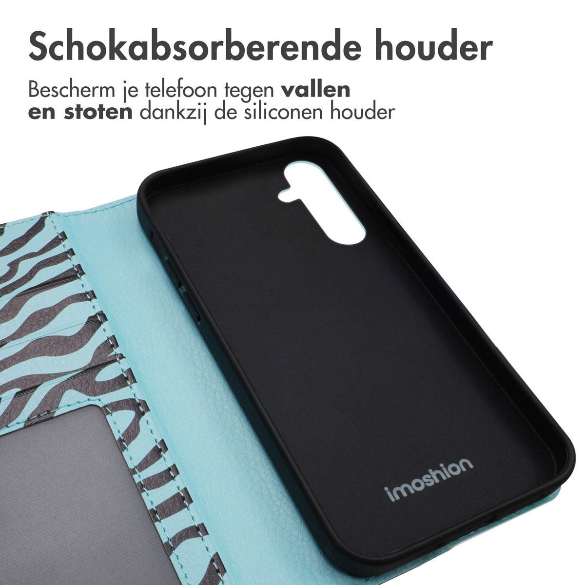 Zwarte telefoonhoes met lichtblauw interieur en zebraprint details. Imoshion logo zichtbaar.