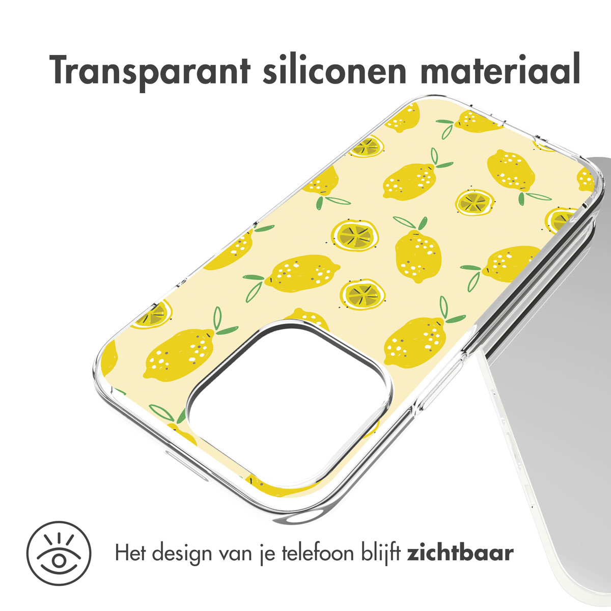 Custodia trasparente per telefono con motivo a limoni gialli.