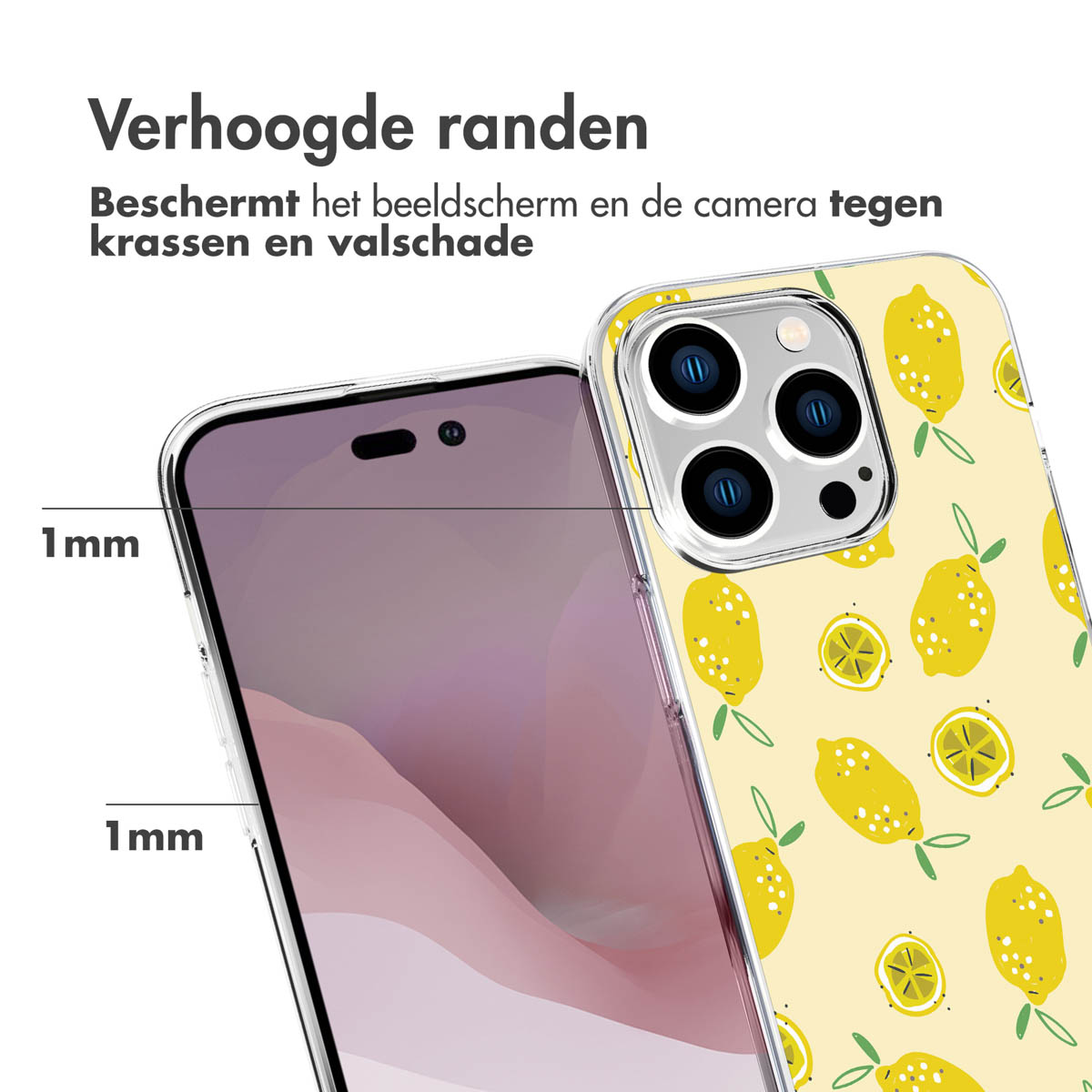 Custodia trasparente con motivo limoni. Telefono con bordi rialzati.