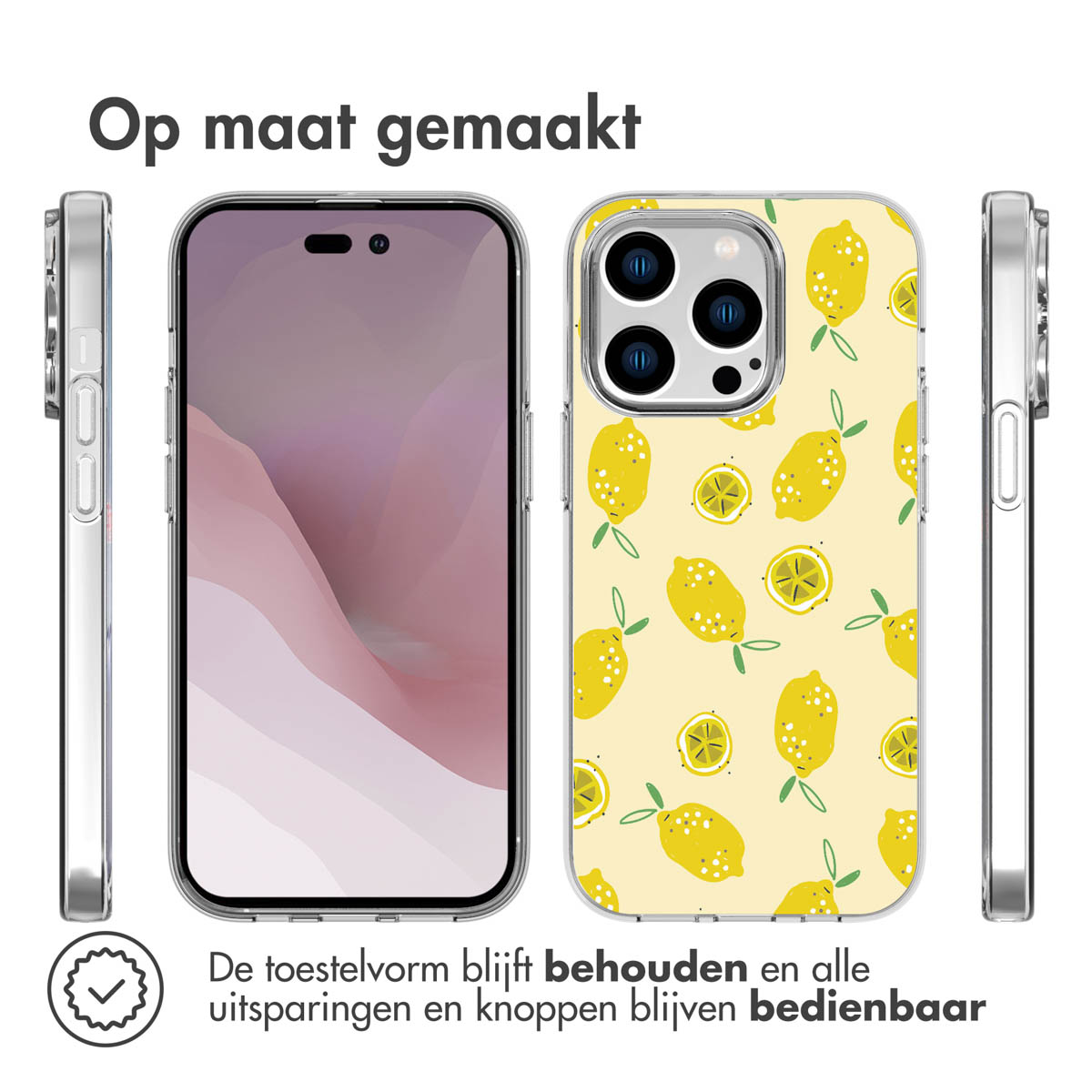 Custodia per telefono con un motivo a limoni gialli, con un telefono a sinistra.
