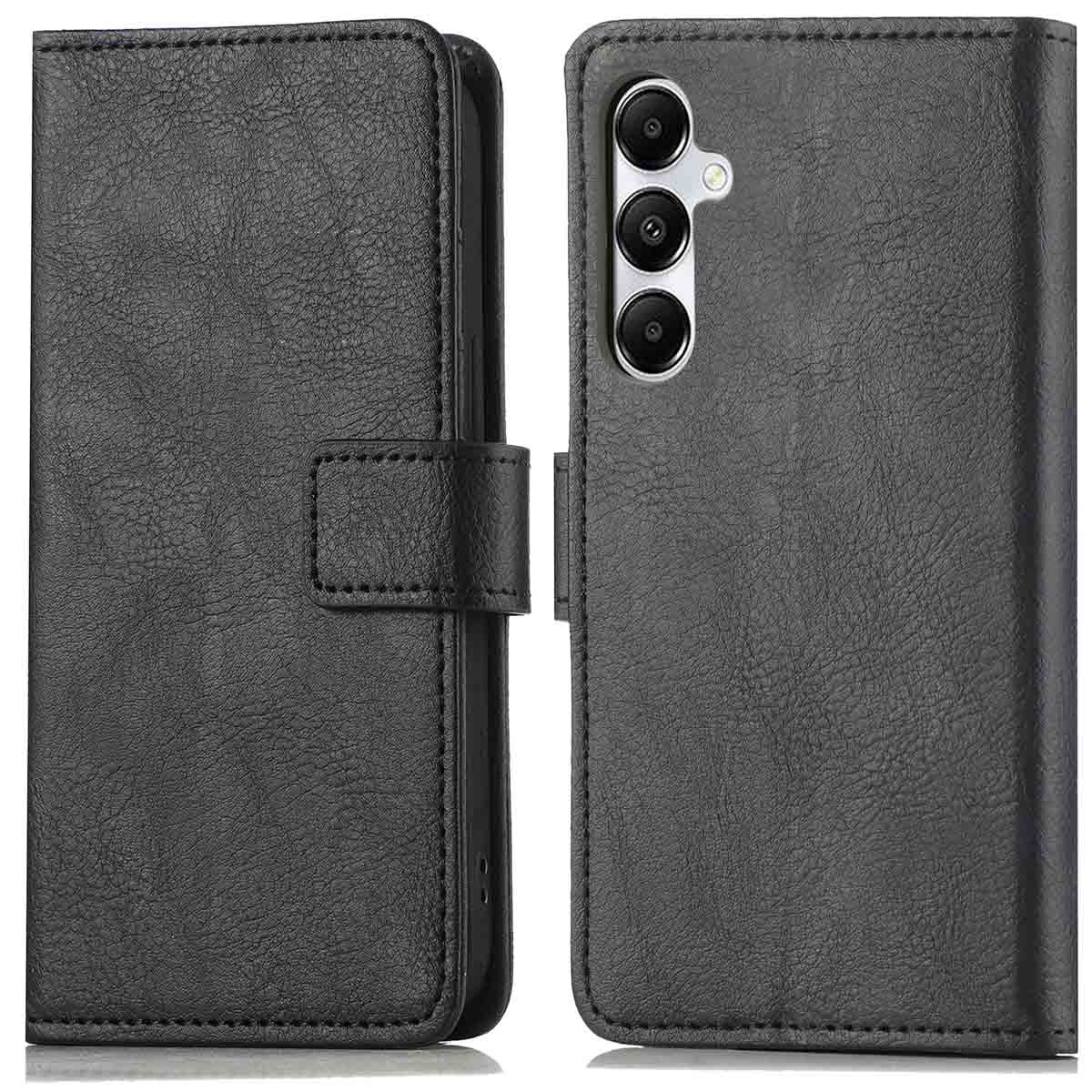 Twee zwarte telefoonhoesjes, open. Het camerapatroon is op één hoesje zichtbaar.