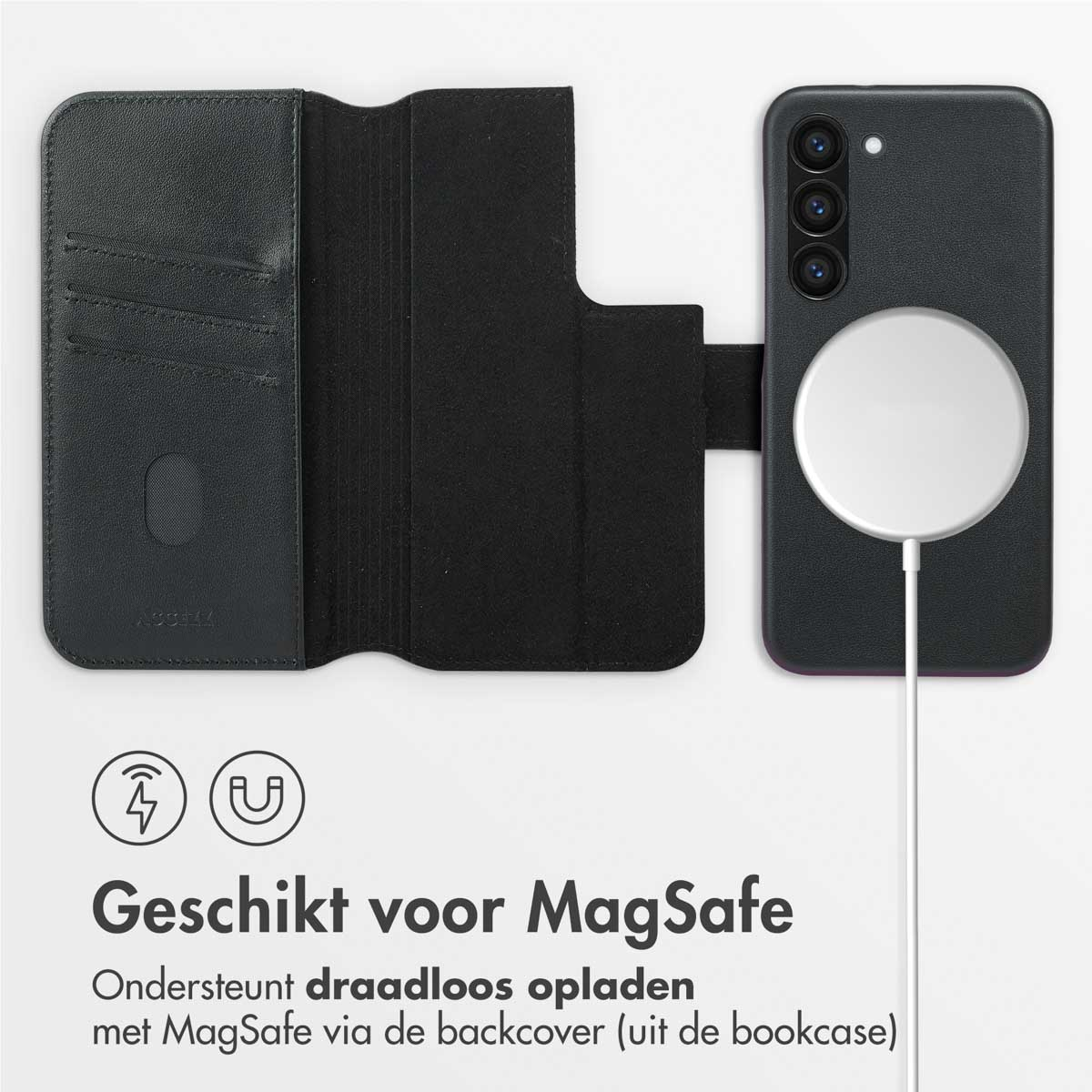 Zwarte telefoonhoes met MagSafe-ondersteuning en een telefoon, en draadloos opladen.