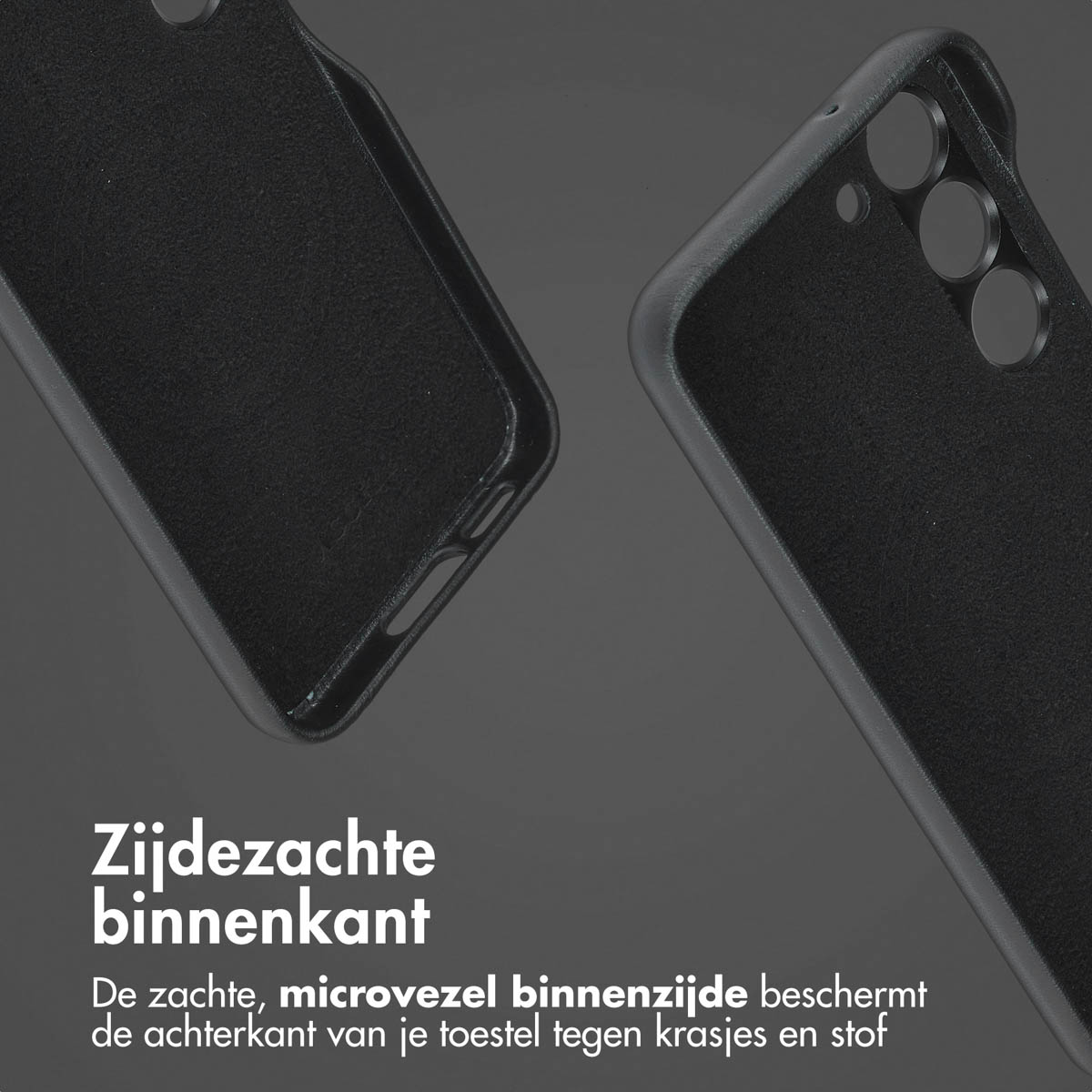 Zwarte telefoonhoes met een zachte microvezel binnenkant. De hoes is open, met zwarte binnenkant.
