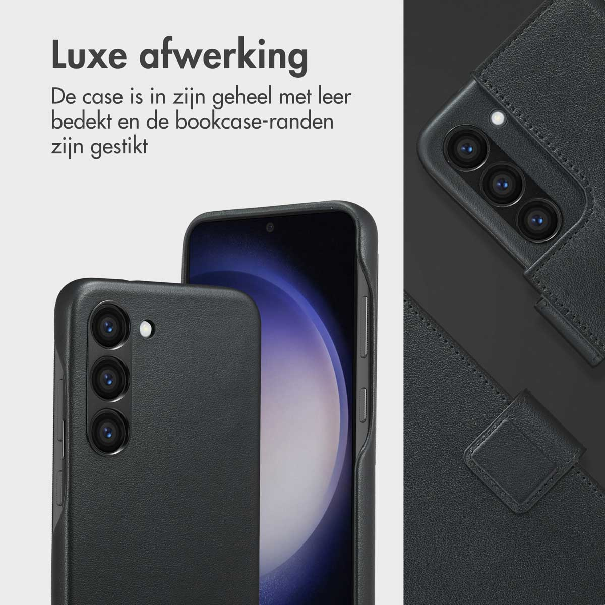 Zwart telefoonhoesje met telefoon. Hoesje bedekt de telefoon. Leren textuur. Ander hoesje rechts.