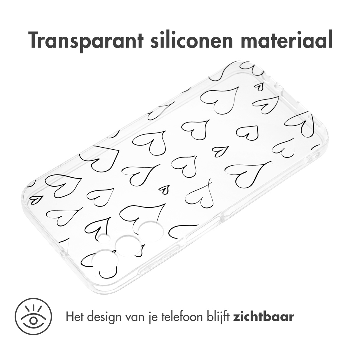 Transparant telefoonhoesje met zwarte hartomtrekken. Harten verspreid op een transparant oppervlak.