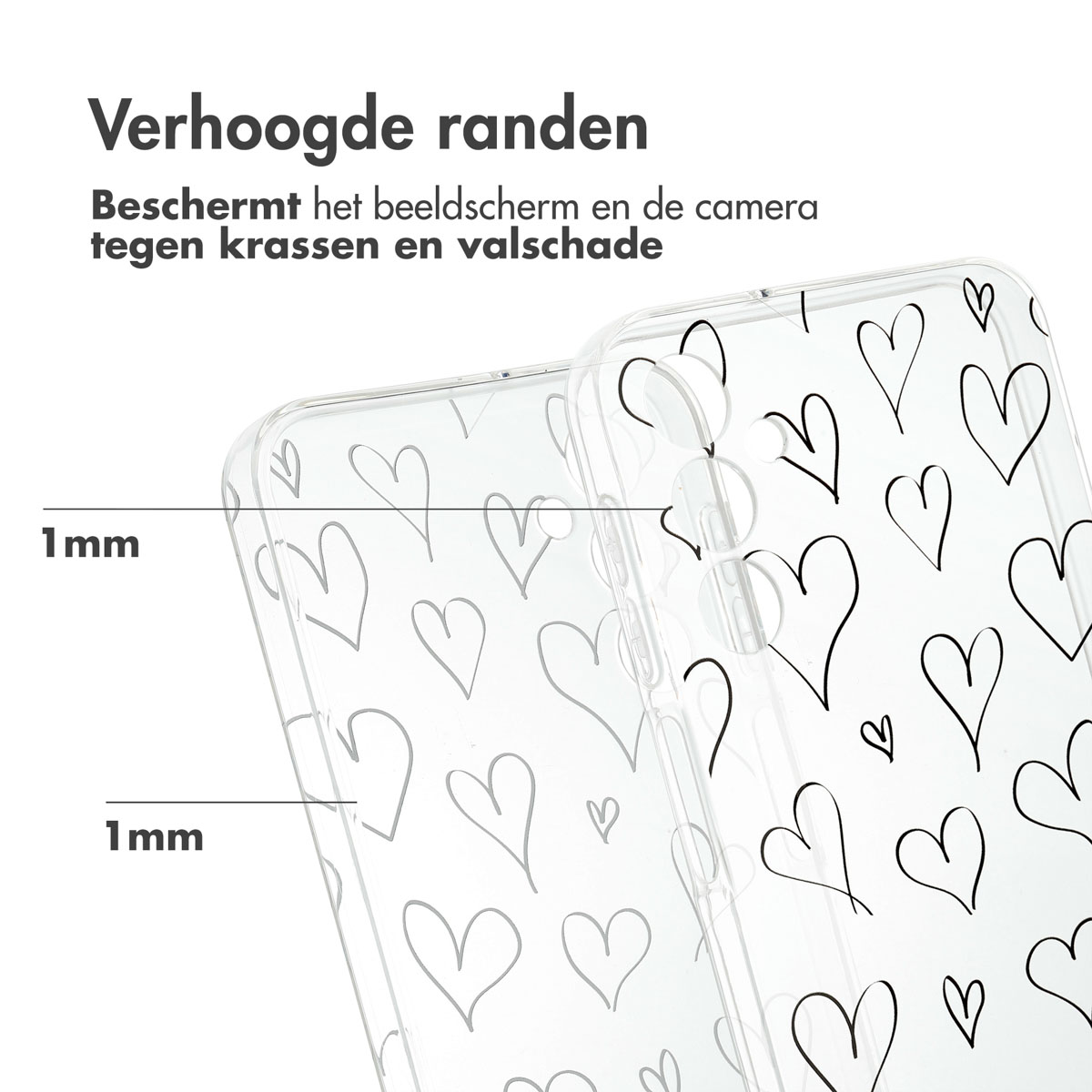 Twee transparante telefoonhoesjes met hartjespatronen. Eén ligt voor de ander. De tekst luidt 'Verhoogde randen'.