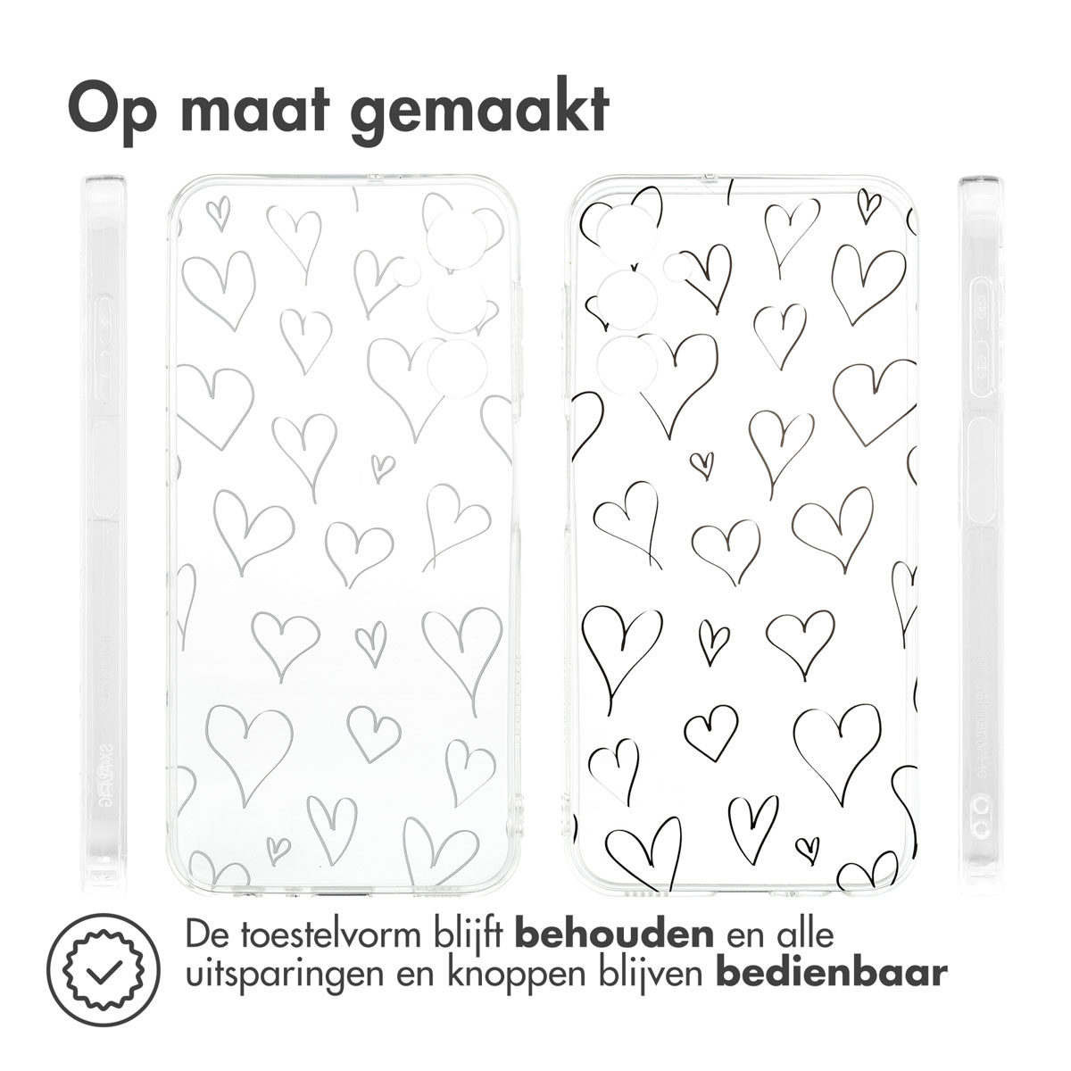 Transparante telefoonhoesjes met harten. Het ontwerp is zwarte harten op een witte achtergrond.