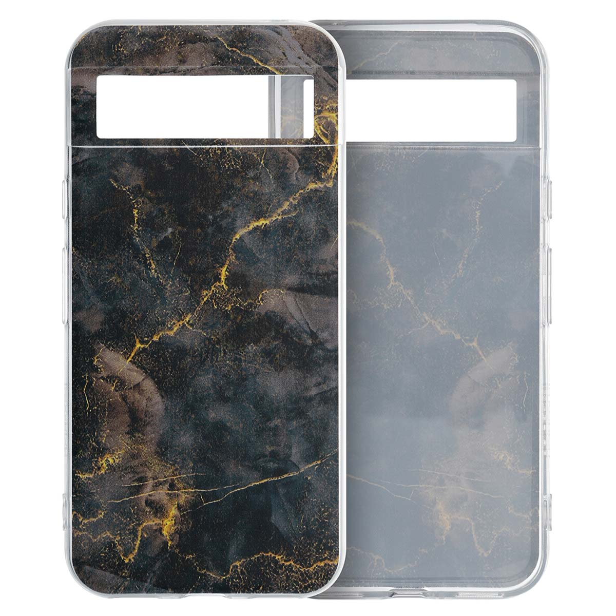Zwei transparente Handyhüllen mit einem schwarzen und goldenen Marmordesign. Eine liegt vor der anderen. Beide haben Öffnungen.