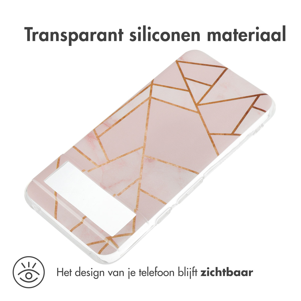 Transparente Handyhülle mit rosa und goldenem Design. Die Hülle ist transparent. Telefondesign sichtbar.