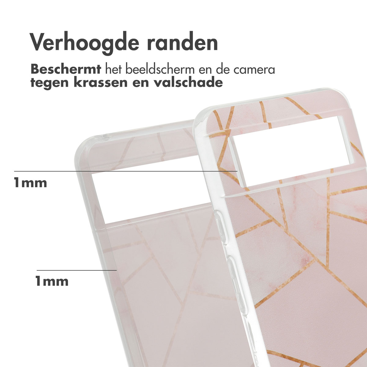 Eine Handyhülle mit einem rosa-goldenen geometrischen Muster. Die Hülle hat erhöhte Ränder zum Schutz.