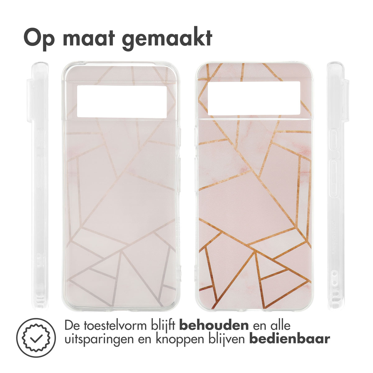 Transparente Handyhülle mit rosa-goldenen geometrischen Design. Telefonform sichtbar.