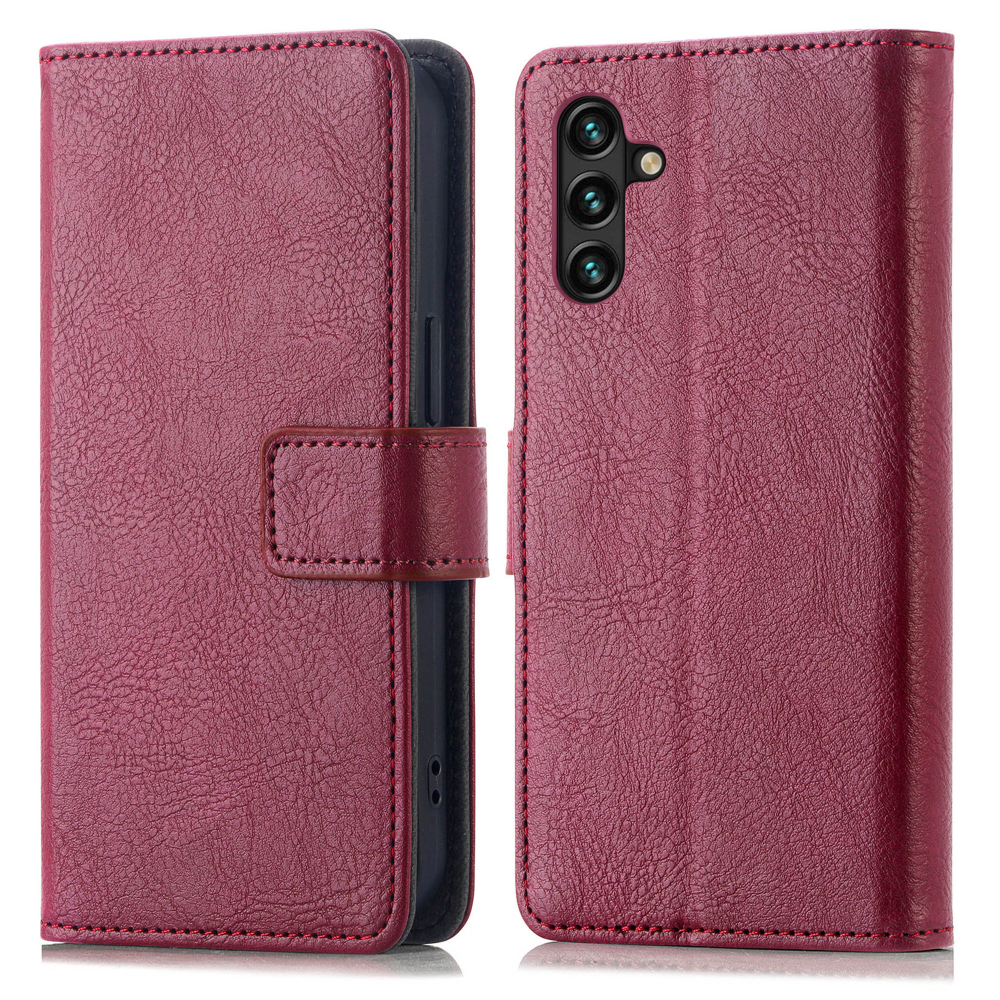 Bordeaux leren telefoonhoes met flap en magnetische sluiting. Hij is open, met een donker interieur.