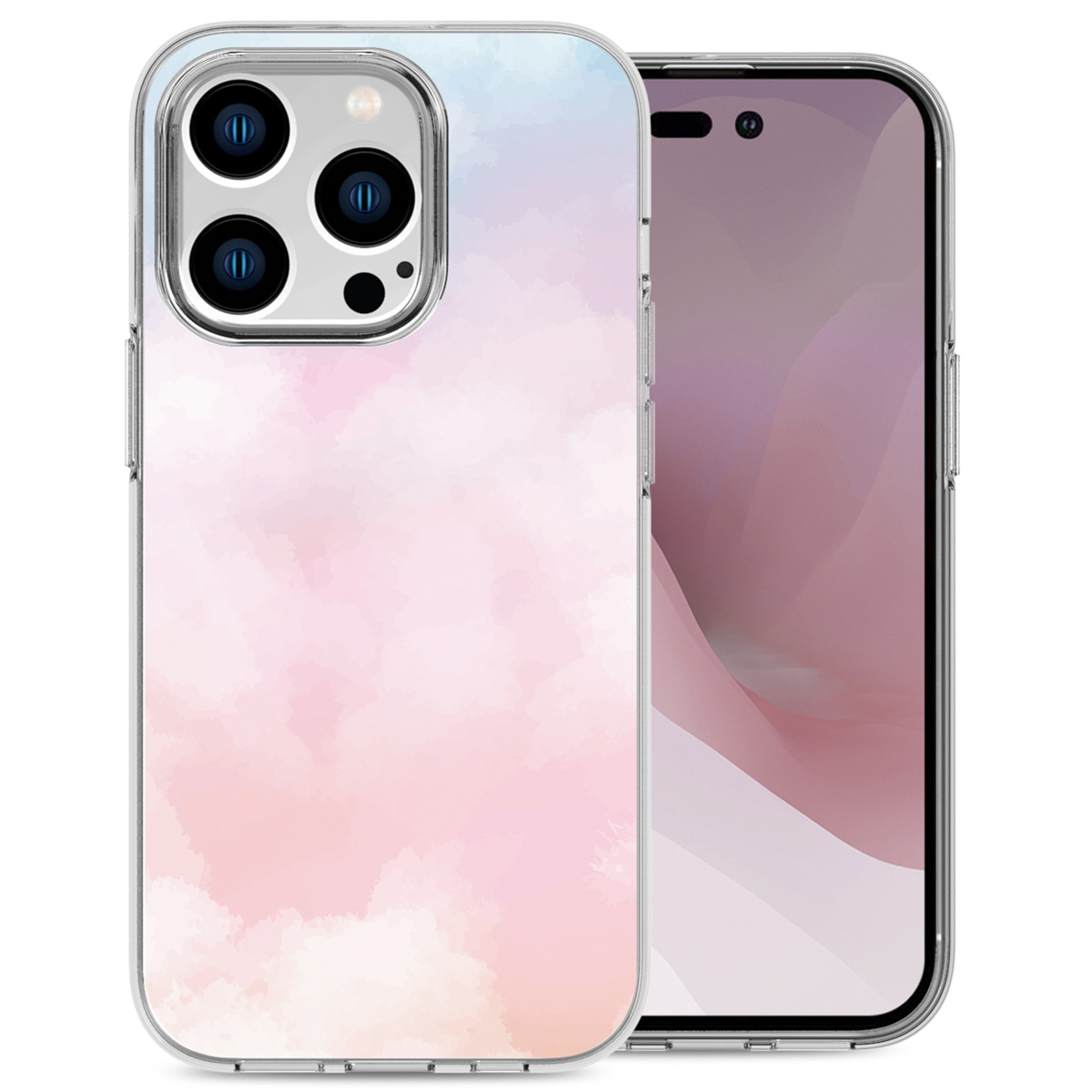 Custodia per telefono con effetto acquerello rosa e blu. Telefono con fotocamera nera.