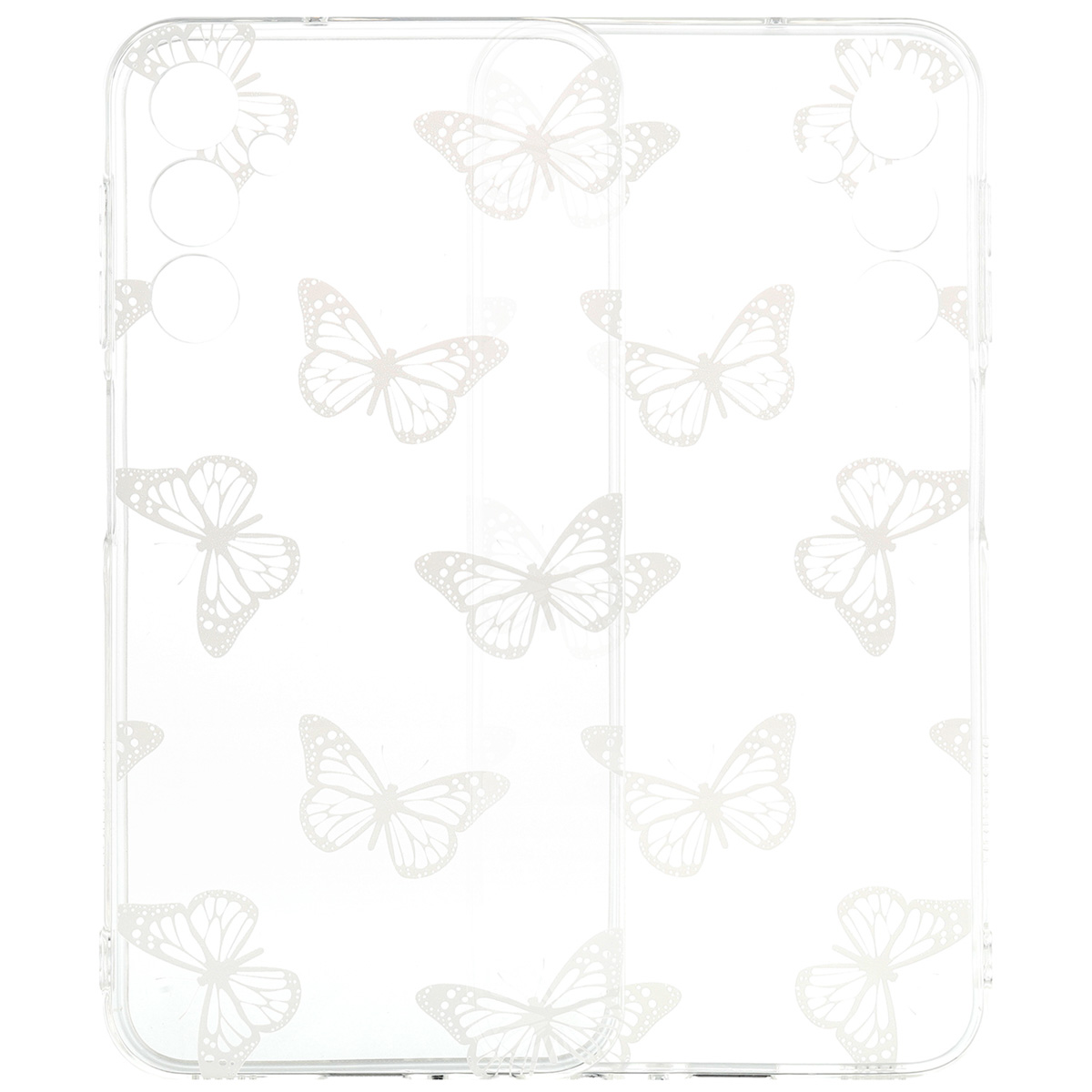 Deux coques de téléphone transparentes. L'une devant l'autre. Elles ont toutes les deux un motif de papillons blancs.