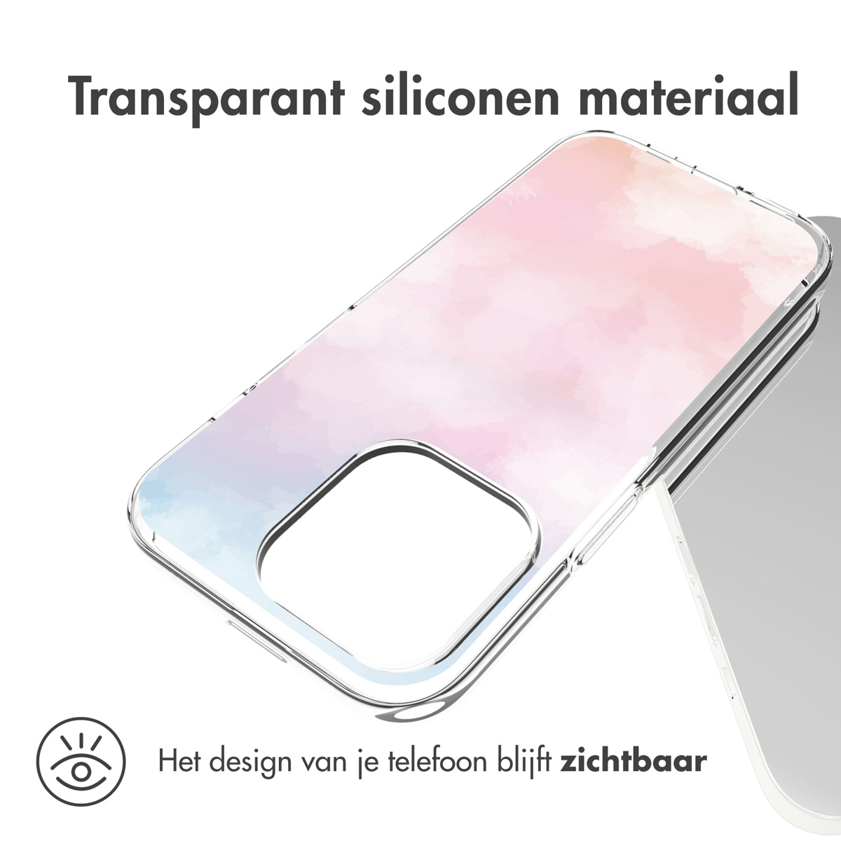 Custodia trasparente per telefono con un design ad acquerello rosa e blu.