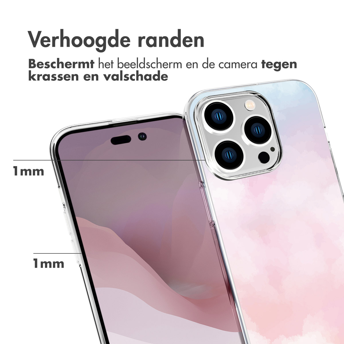 Custodia per telefono con design acquerello rosa e il telefono è visibile. Testo: Bordi rialzati, protezione extra.