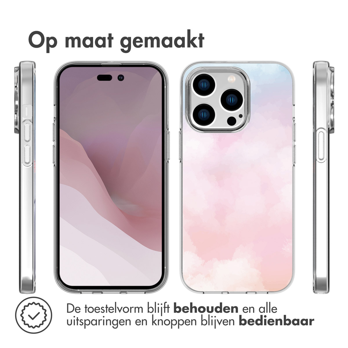 Custodia per telefono con un design di nuvole rosa. Il telefono è mostrato da tre angolazioni.