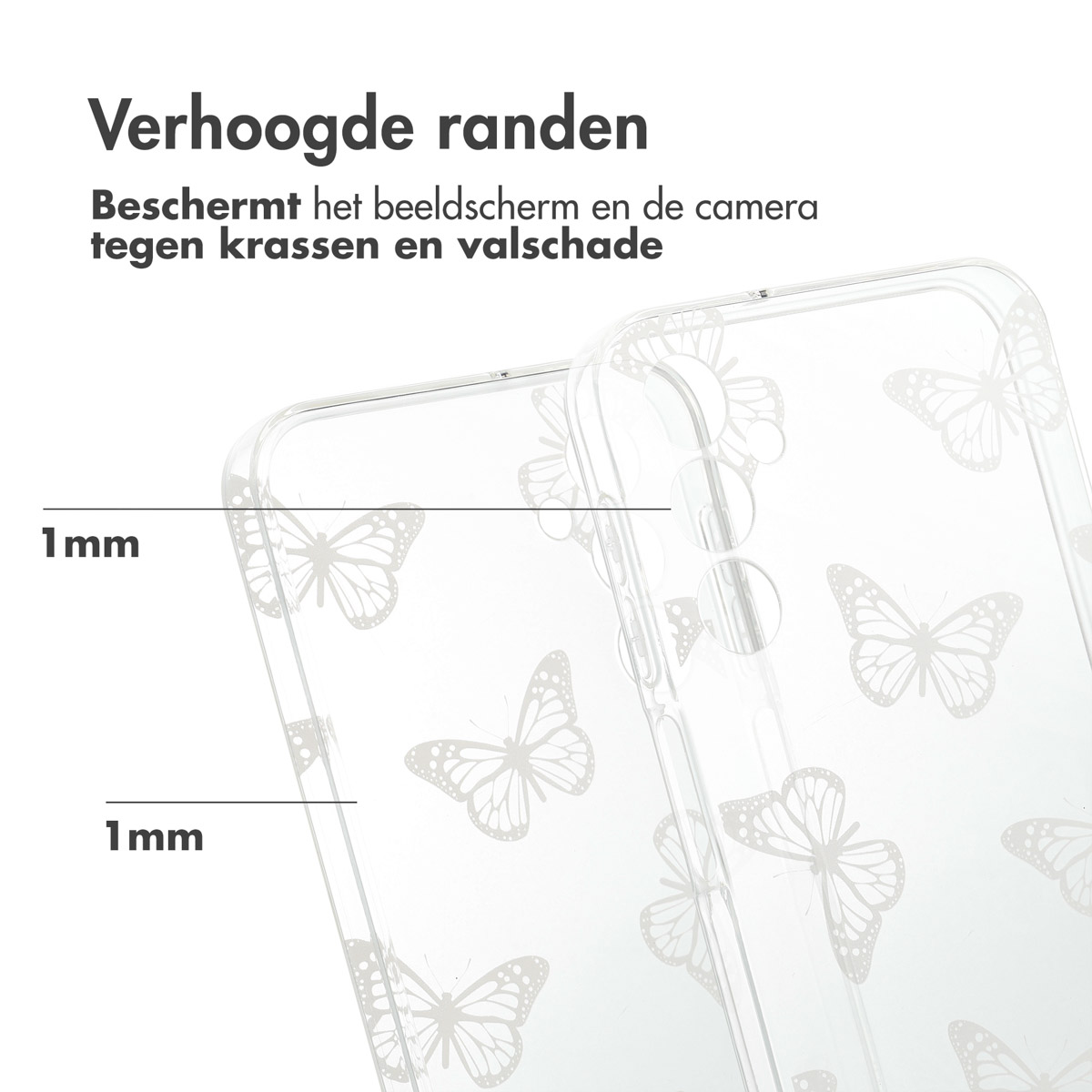 Deux coques de téléphone transparentes côte à côte, avec des motifs de papillons et du texte sur la protection.
