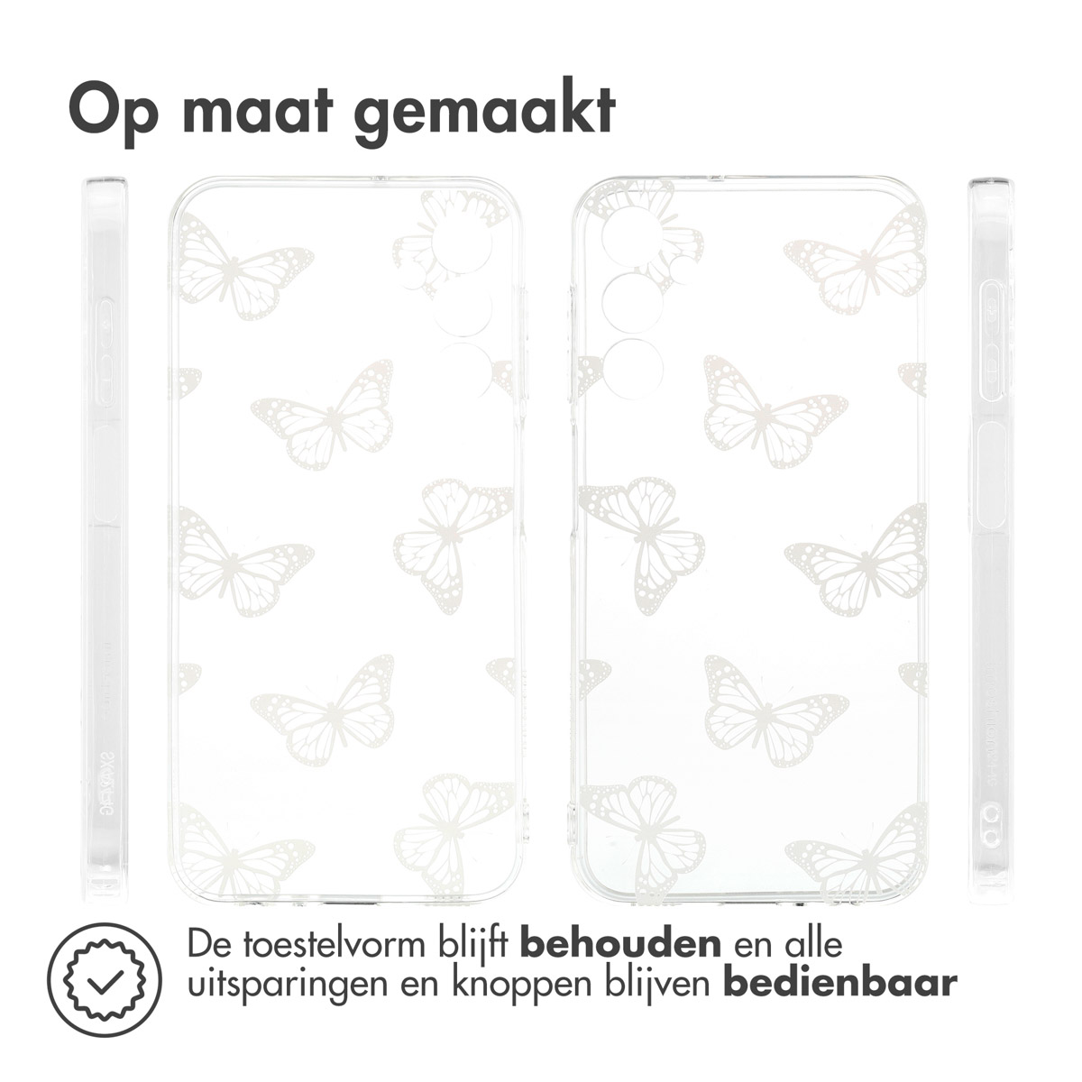 Coque de téléphone transparente avec des imprimés de papillons blancs. La coque est transparente avec un design de papillon.