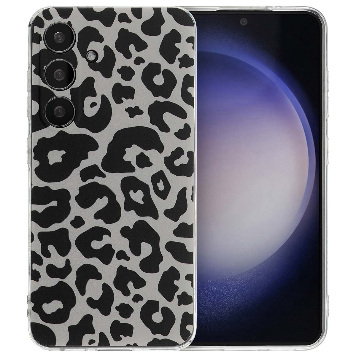 Telefoonhoesje met een zwart-grijze luipaardprint. De telefoon staat op een witte achtergrond.