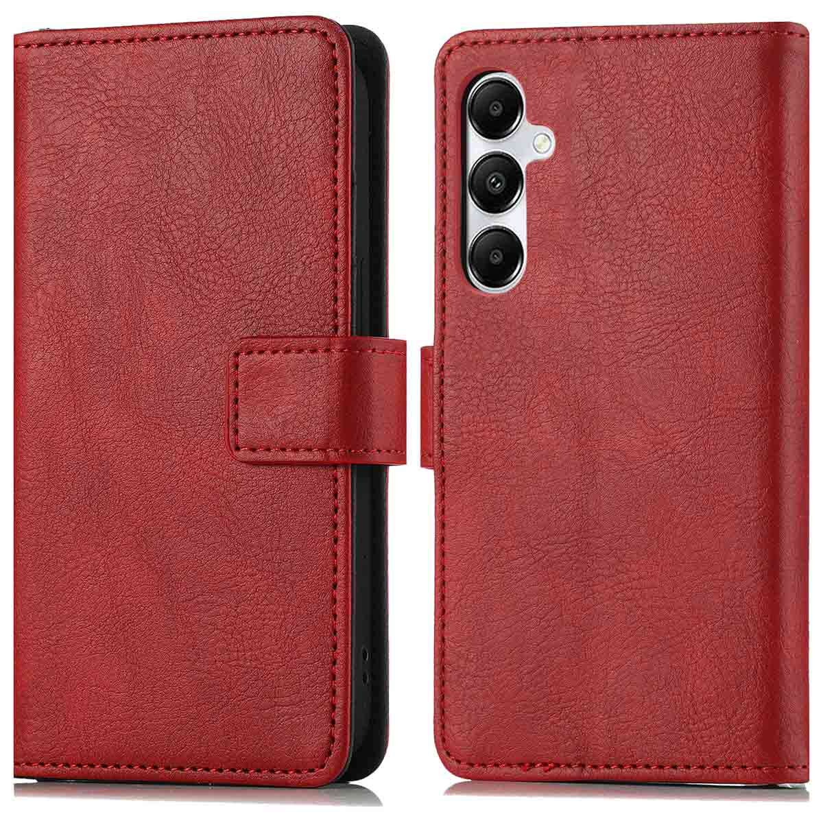 Twee open rode telefoonhoesjes, die de telefoon laten zien. Beide hoesjes hebben een leertextuur.