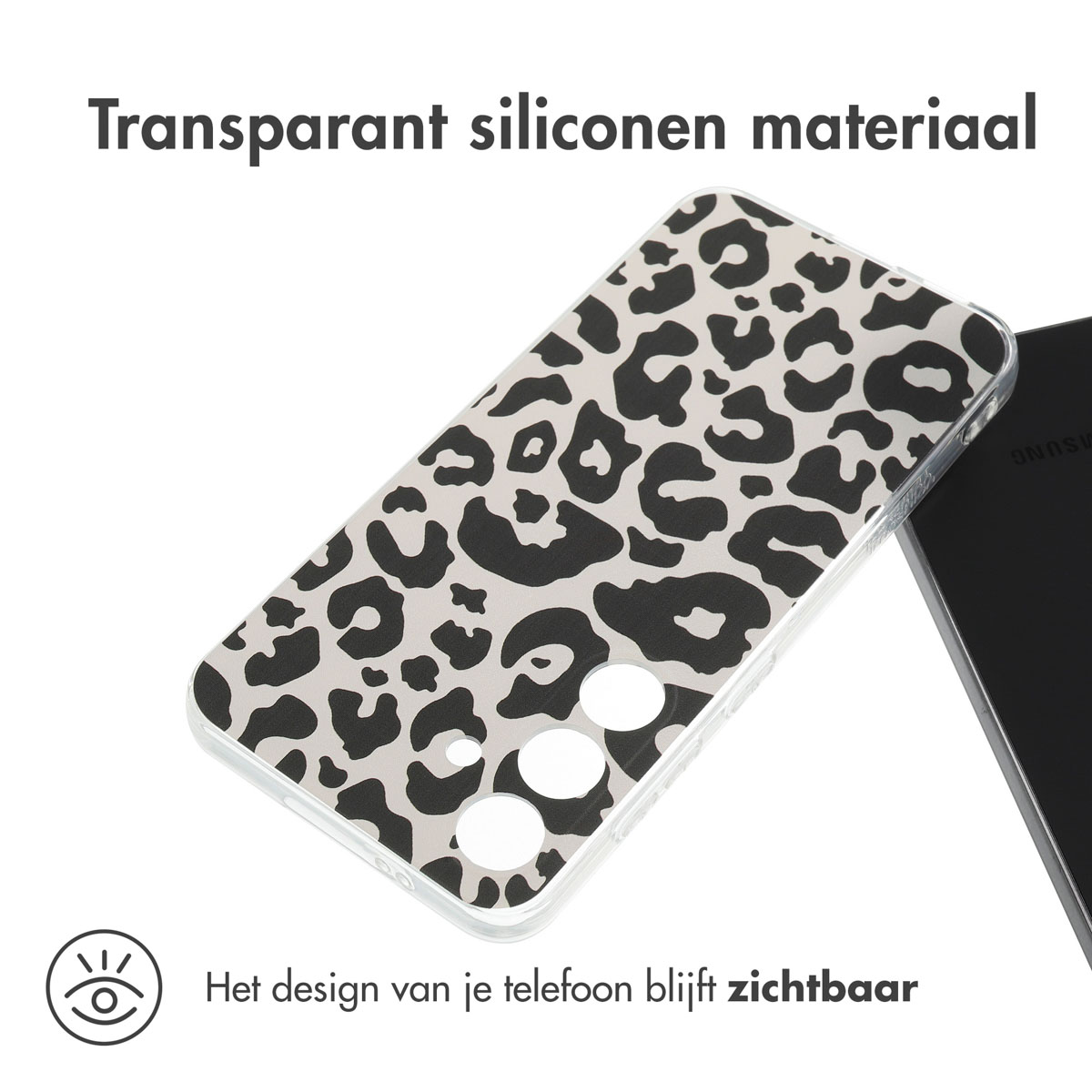 Een telefoonhoesje met een luipaardprint. De hoes ligt op een telefoon. De tekst zegt dat het ontwerp zichtbaar blijft.
