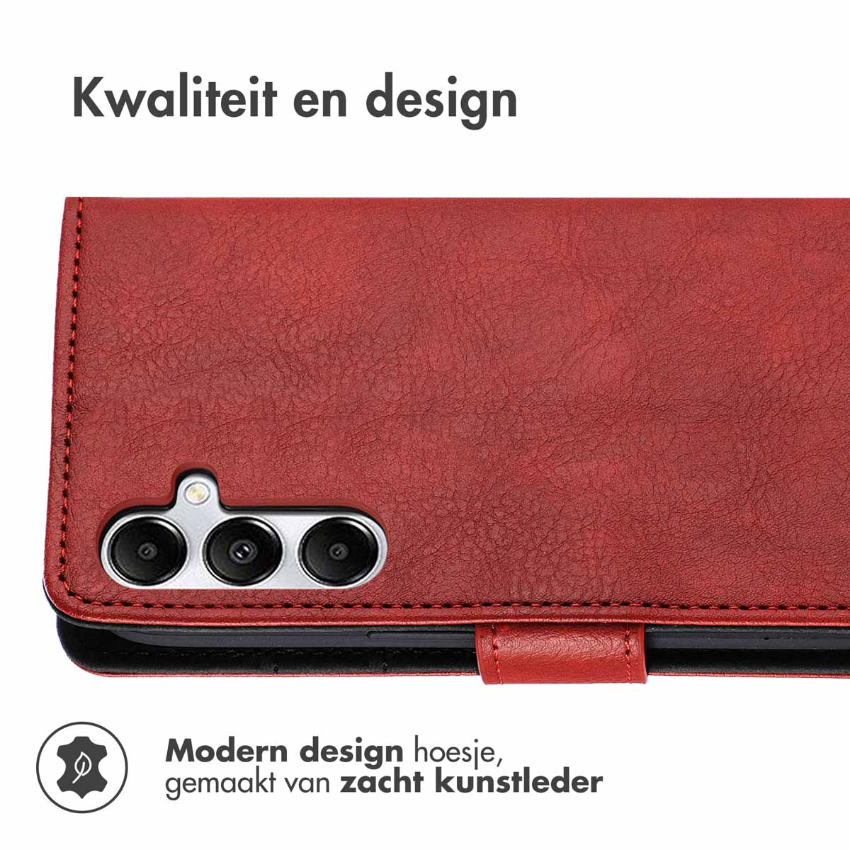 Rood leren telefoonhoesje. De hoes is gesloten en toont de buitenkant. Modern design met zacht leer.