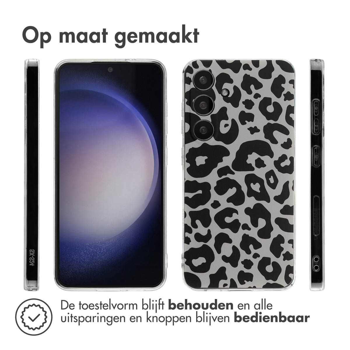 Telefoonhoesje met een zwart-wit luipaardpatroon, met een telefoon.
