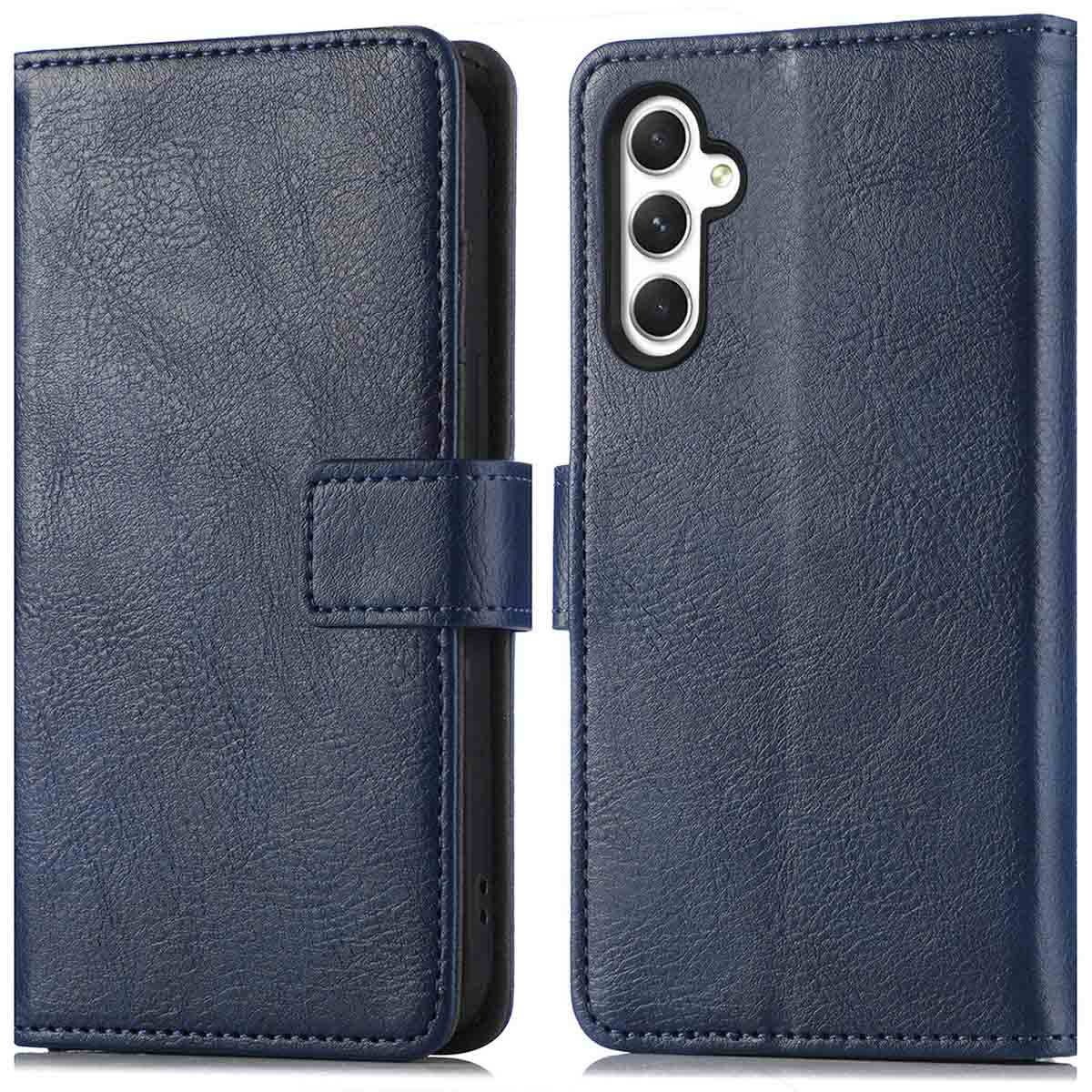 Étui de téléphone en cuir bleu, ouvert, montrant l'intérieur. Le téléphone n'est pas visible.
