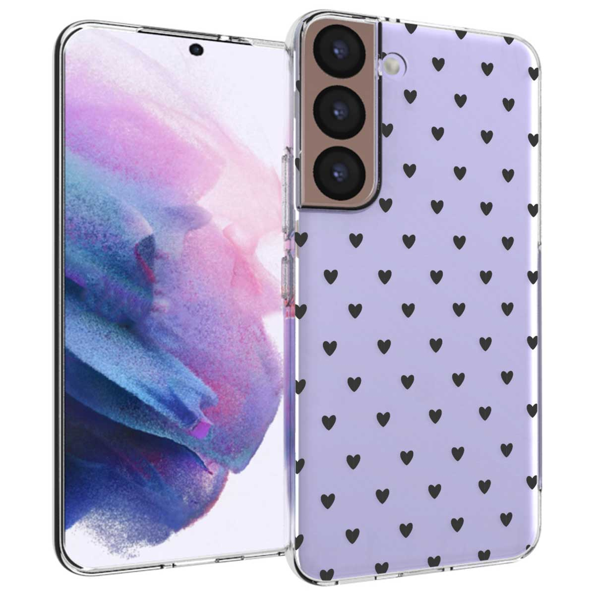Custodia per telefono con sfondo viola e motivo a cuore nero e un telefono.