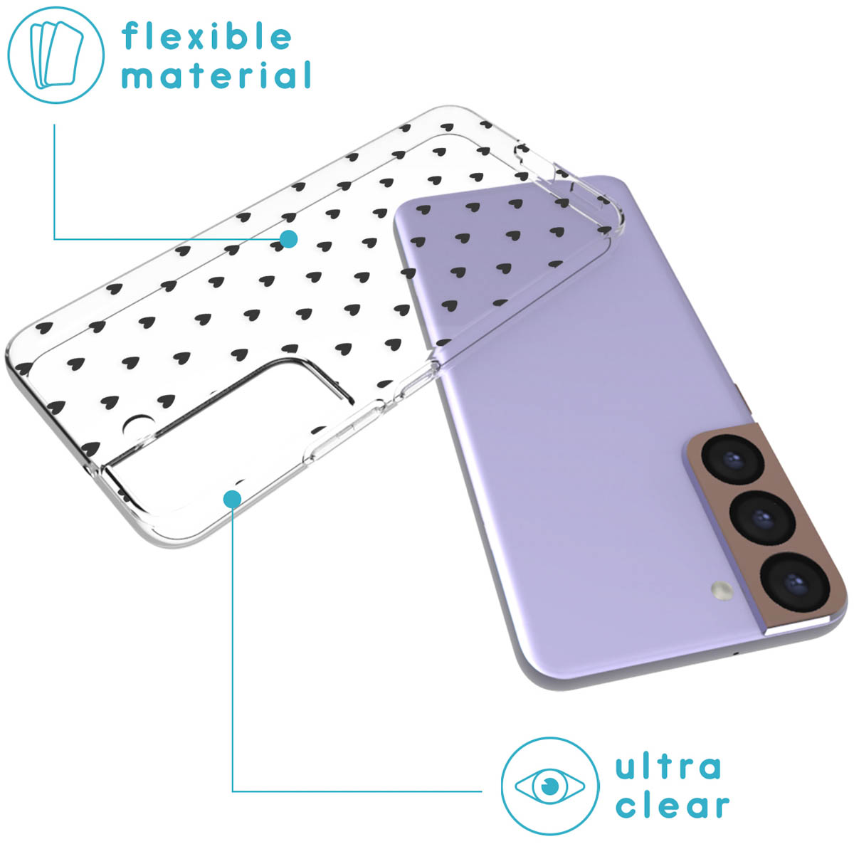 Una custodia trasparente con cuori neri è su un telefono viola. La custodia è in materiale flessibile, il telefono è ultra trasparente.