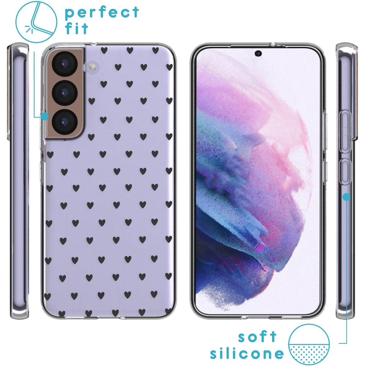 Telefono in una custodia trasparente con motivo a cuore nero. Viste laterali della custodia. Testo: Vestibilità perfetta. Materiale in silicone morbido.