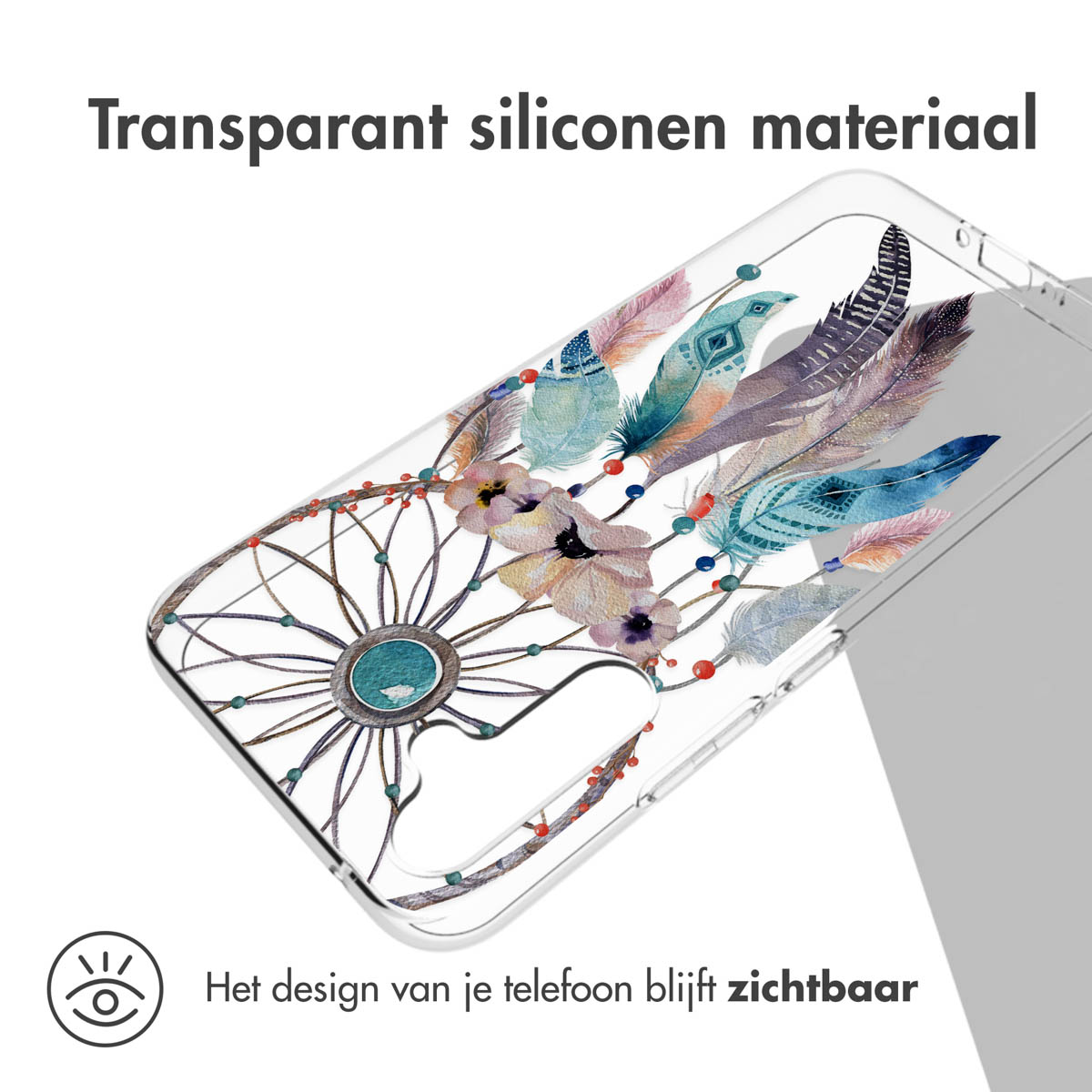 Transparant telefoonhoesje met kleurrijke veren en een dromenvanger ontwerp. De telefoon is zichtbaar.