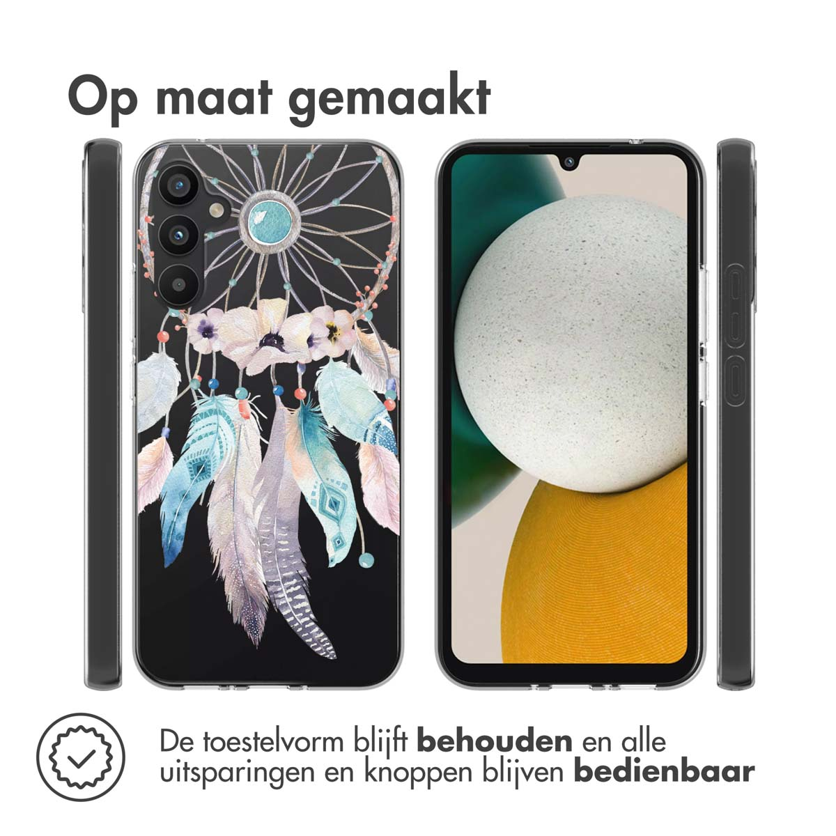 Telefoonhoesje met een dromenvangerontwerp. De telefoon wordt vanuit drie hoeken getoond.