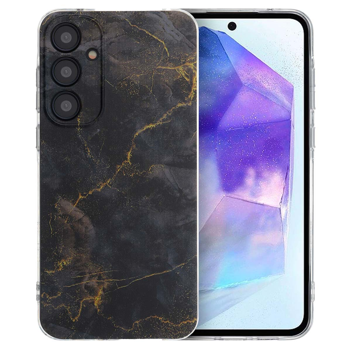 Zwart marmeren telefoonhoesje. Gouden aders. Telefoon rechts.