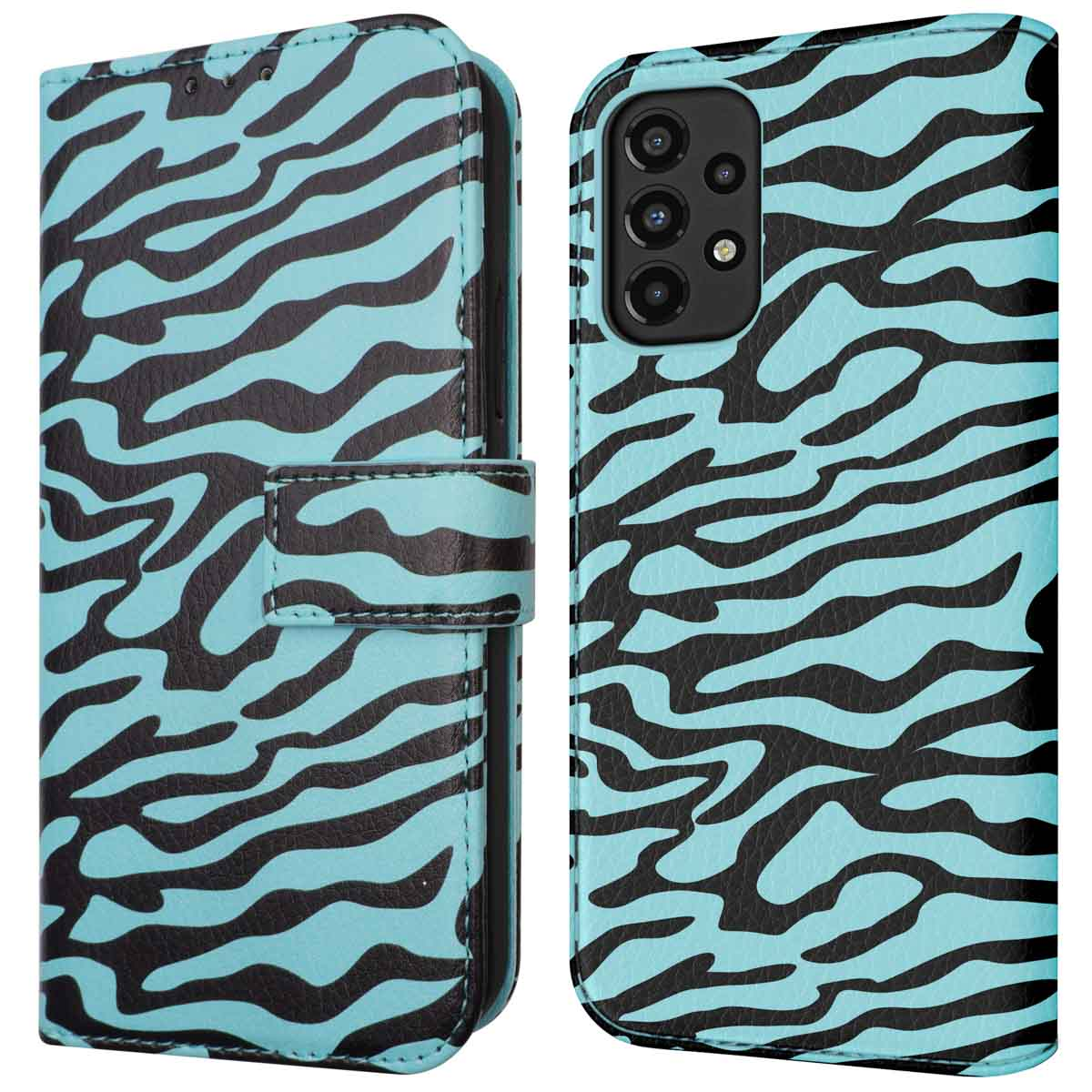Coque de téléphone à motif zébré bleu et noir. L'étui est ouvert.