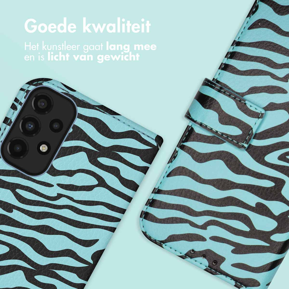 Coque de téléphone turquoise avec imprimé zébré noir.