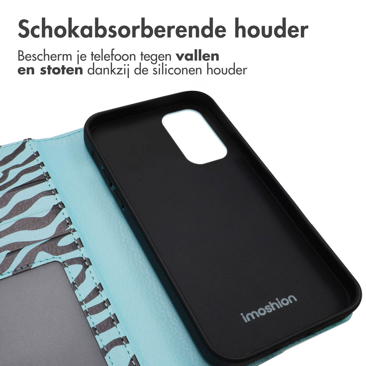 Coque de téléphone avec imprimé zèbre. L'étui est ouvert et montre un téléphone à l'intérieur.
