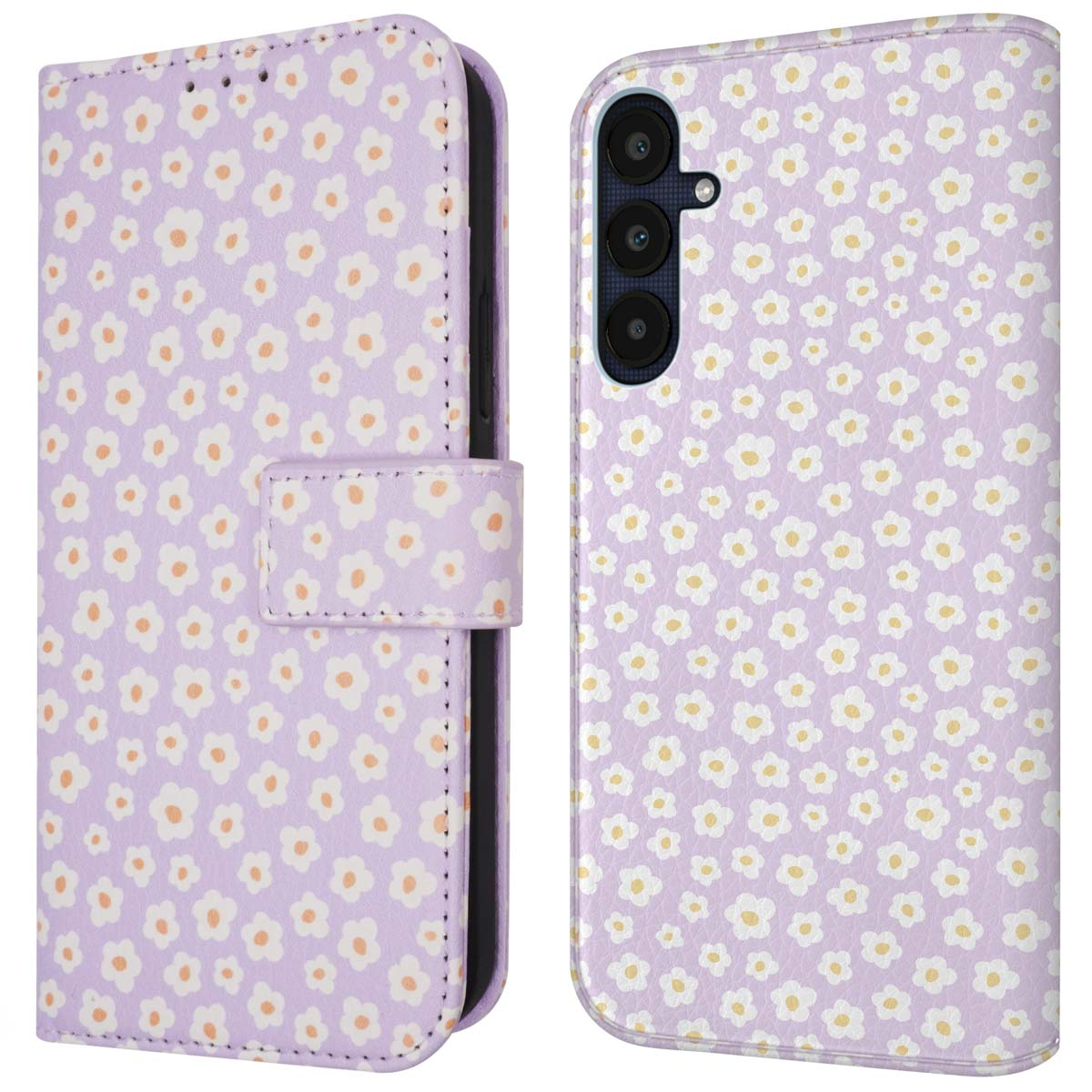 Coque violette avec motif de marguerites blanches. Ouverte montrant le téléphone avec le même motif.