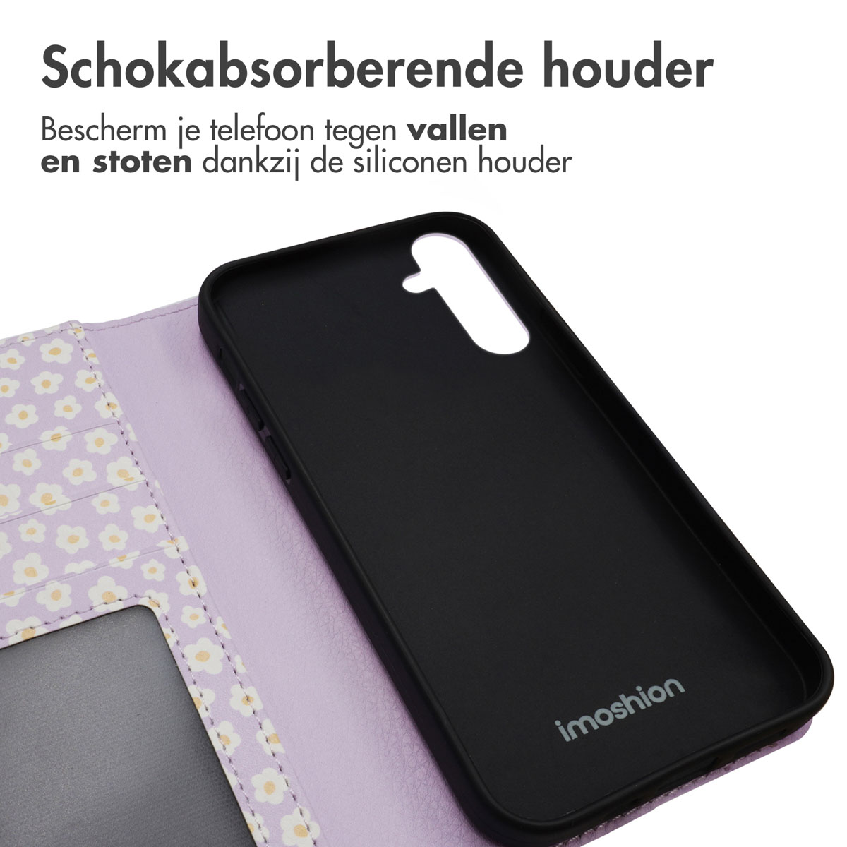 Gros plan sur une coque de téléphone noire à l'intérieur d'une coque florale. Texte : Support absorbant les chocs. Logo Imoshion.