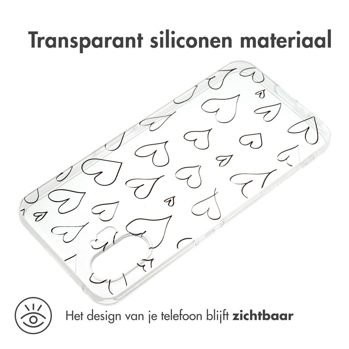 Transparant telefoonhoesje met hartvormen. Het hoesje ligt op een wit oppervlak.