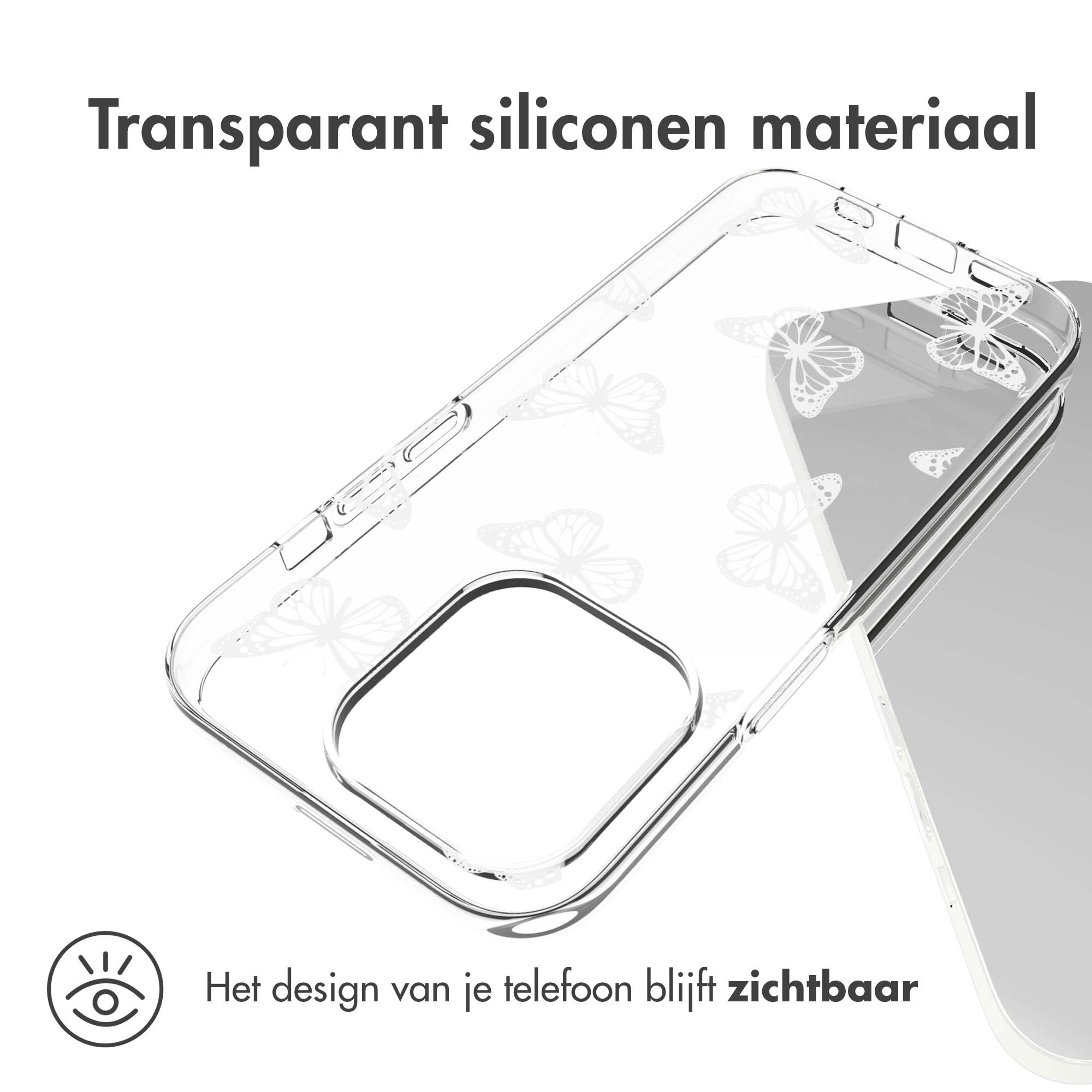 Un telefono con una custodia trasparente con silhouette di farfalle. Il design del telefono rimane visibile.
