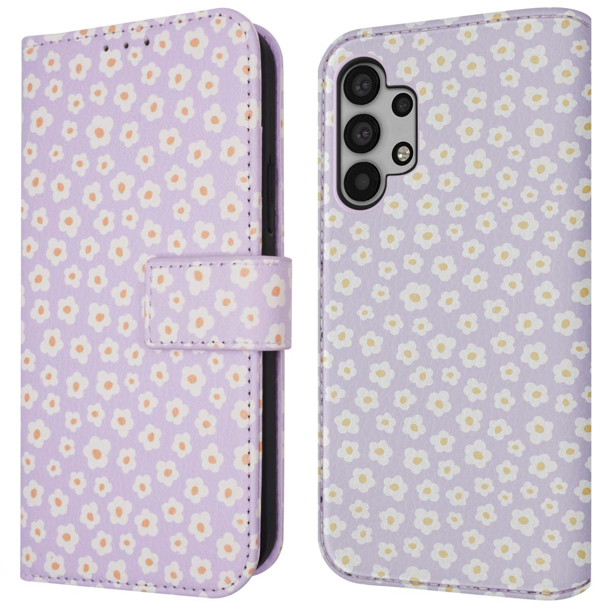 Telefoonhoes met een lichtpaarse achtergrond en een wit bloemenpatroon.