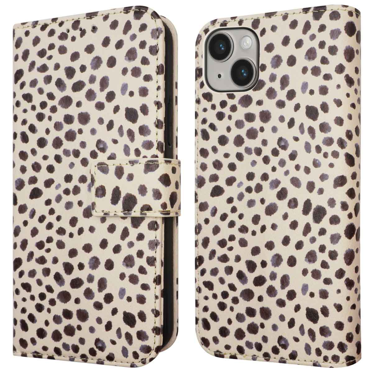 Telefoonhoesje met een gebroken witte achtergrond en zwarte stippen. De case is gesloten.