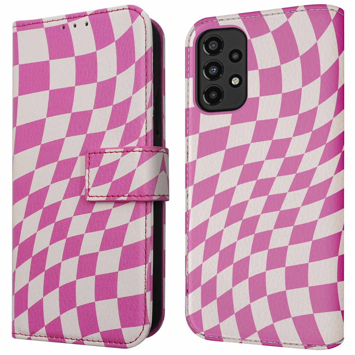 Rosa-weiß karierte Handy-Brieftaschenhülle. Geöffnet, zeigt das Telefon mit Kamera.
